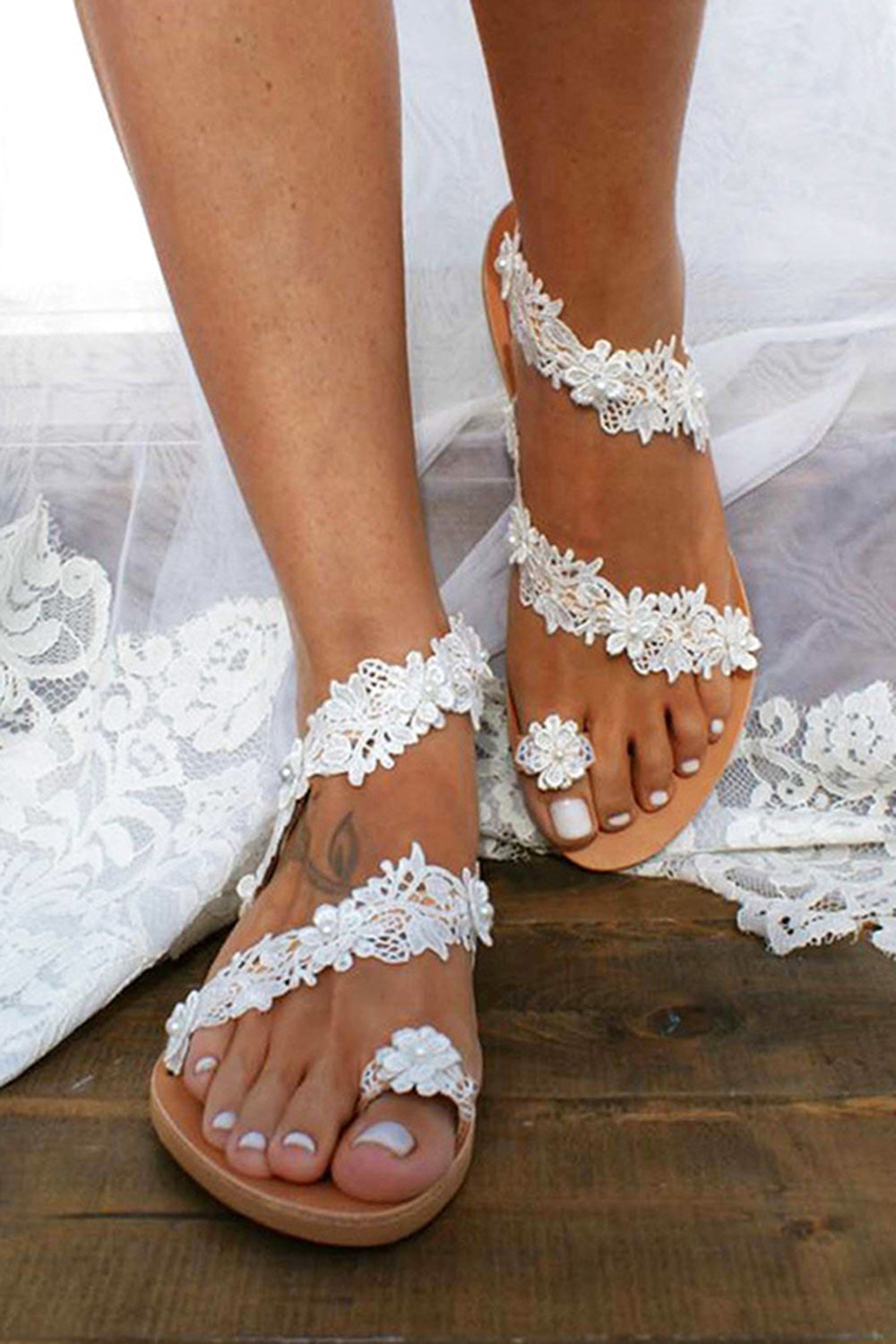 Boho Witte Kant Platte Vrouwen Sandalen