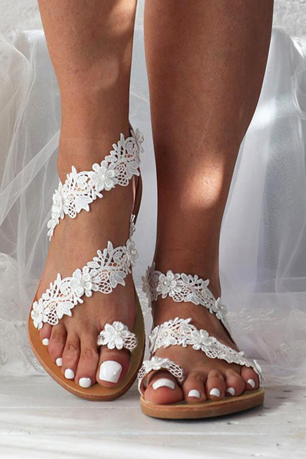 Boho Witte Kant Platte Vrouwen Sandalen