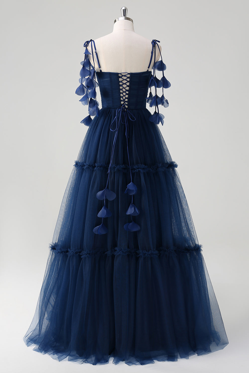 Marineblauw A-lijn spaghettibandjes bloemen korset ruches tule lange bruidsmeisjesjurk