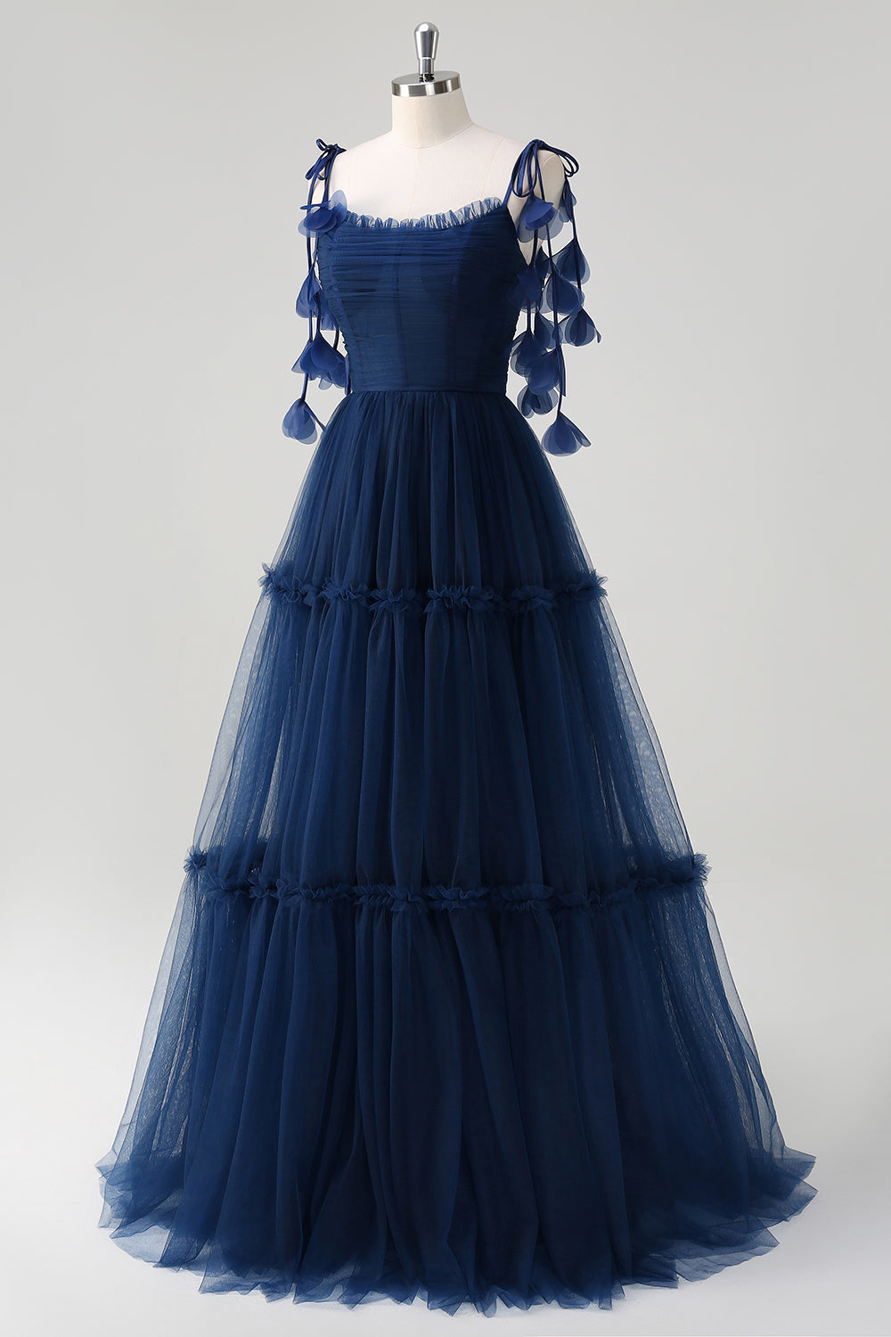 Marineblauw A-lijn spaghettibandjes bloemen korset ruches tule lange bruidsmeisjesjurk