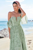 Dusty Sage A-Line Off Shoulder Print Lange Bruidsmeisjesjurk met Split