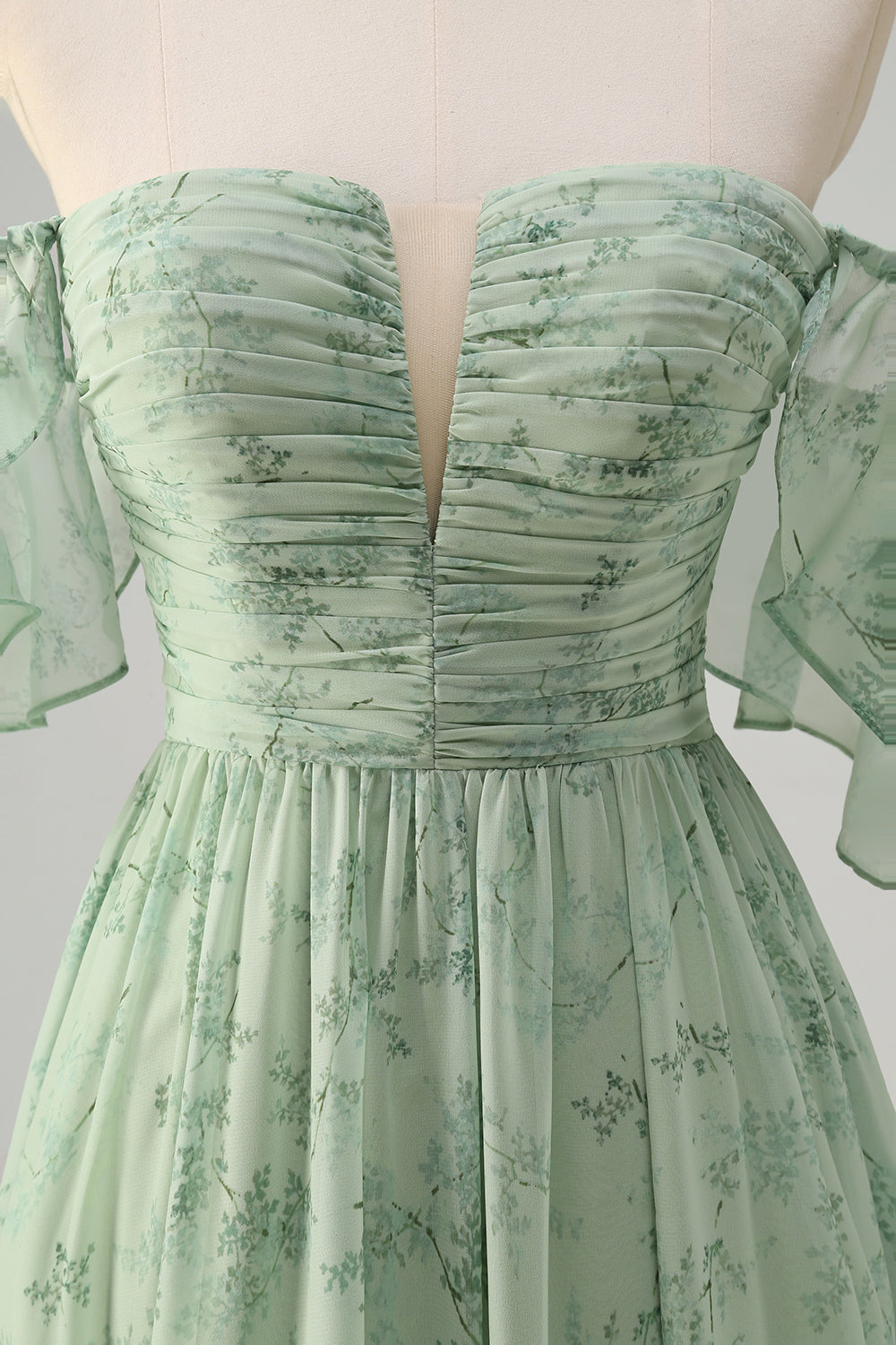 Stoffige salie een lijn off de schouder print lange galajurk met split