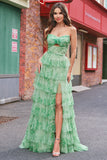 Groene Floral A Line Strapless Ruches Lange Galajurk met Split