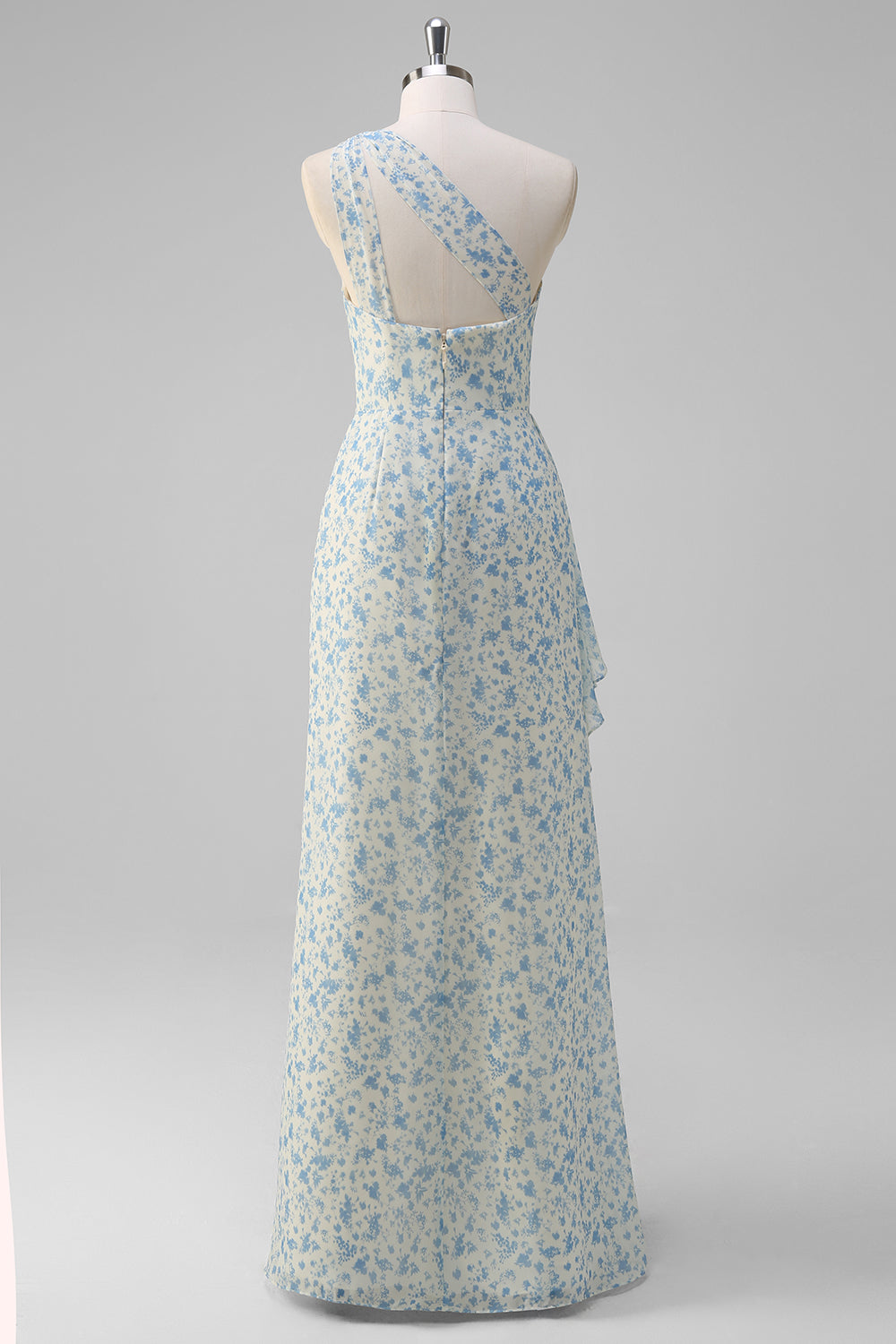 Wit Blauwe Bloem One Shoulder Bruidsmeisje Jurk met Split