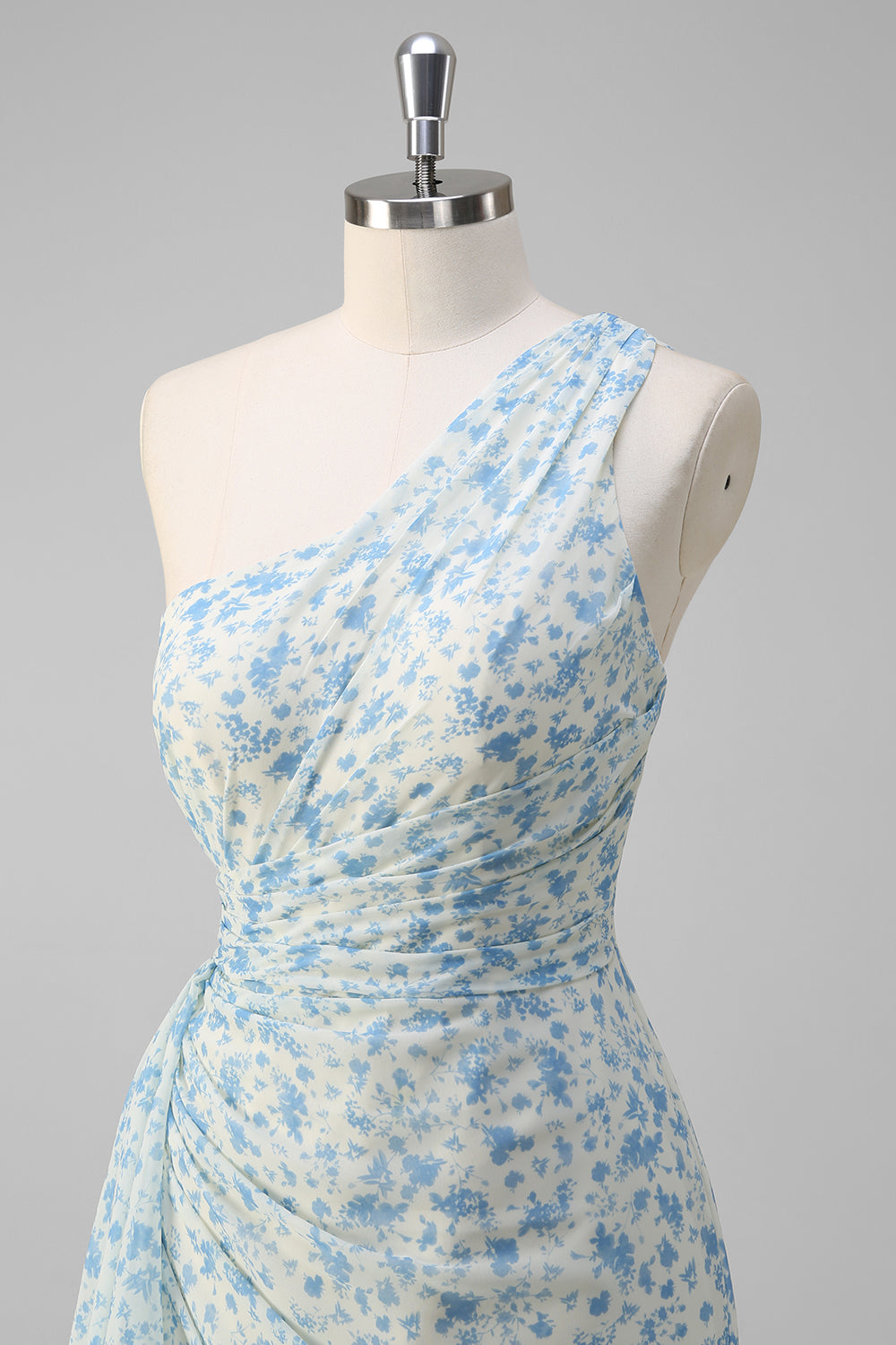 Wit Blauwe Bloem One Shoulder Bruidsmeisje Jurk met Split