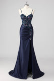 Sparkly Navy Zeemeermin Pailletten Ruched Korset Lange Prom Jurk met Split