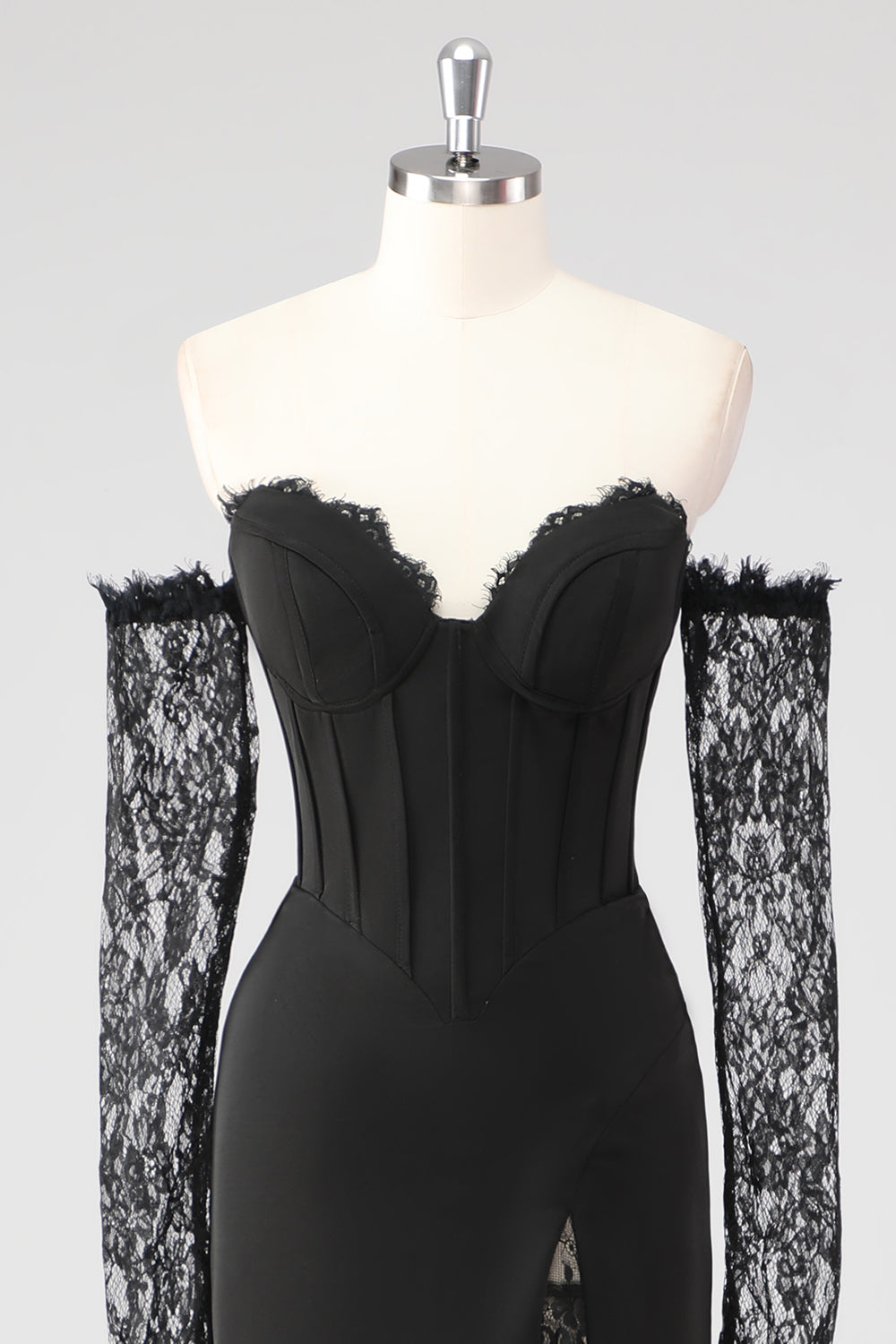 Zwarte schede korset koude schouder kant formele jurk met lange mouwen