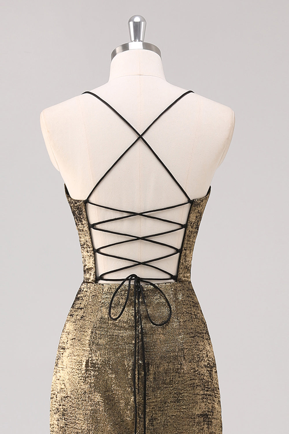 Zwarte Gouden Spaghetti Bandjes Schede Formele Jurk met Split