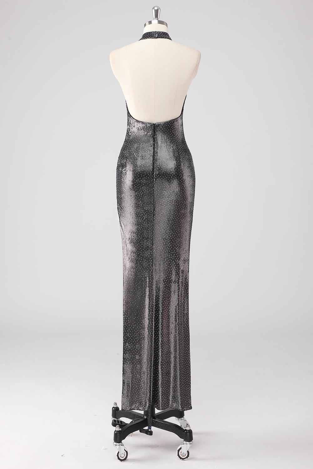 Sprankelende zilvergrijze halter Shath formele jurk met split