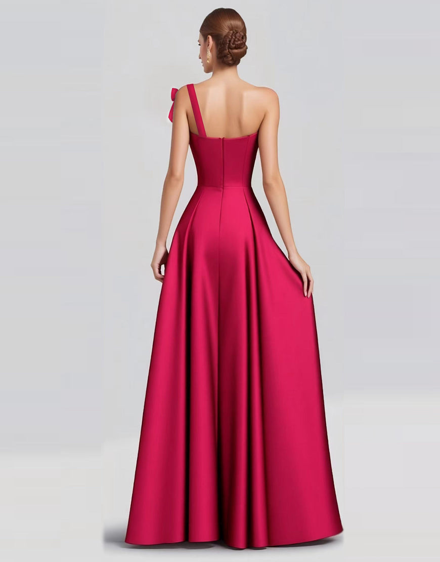 Fuchsia A-Line One Shoulder Bow Satijn Lange Formele Jurk