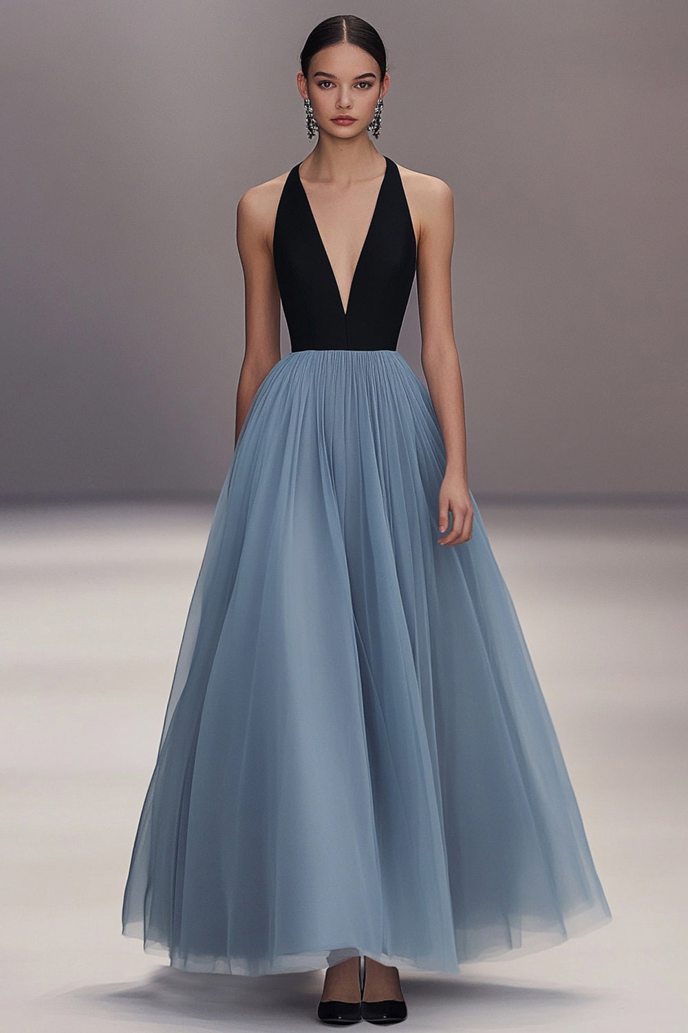 V-hals Zwart Blauw Geplooide Tule Lange Formele Jurk