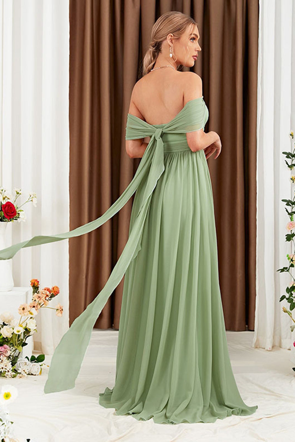 Groene A-lijn off-the-shoulder chiffon lange galajurk