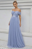 Blauwe Tule Off The Shoulder A Line Formele Jurk