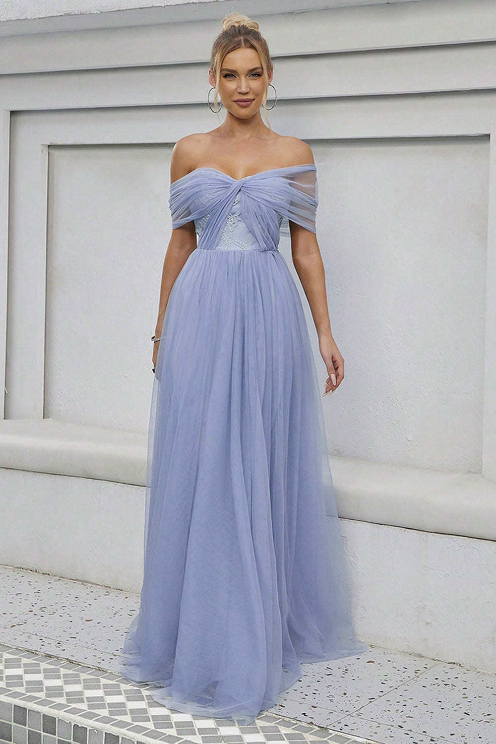 Blauwe Tule Off The Shoulder A Line Formele Jurk