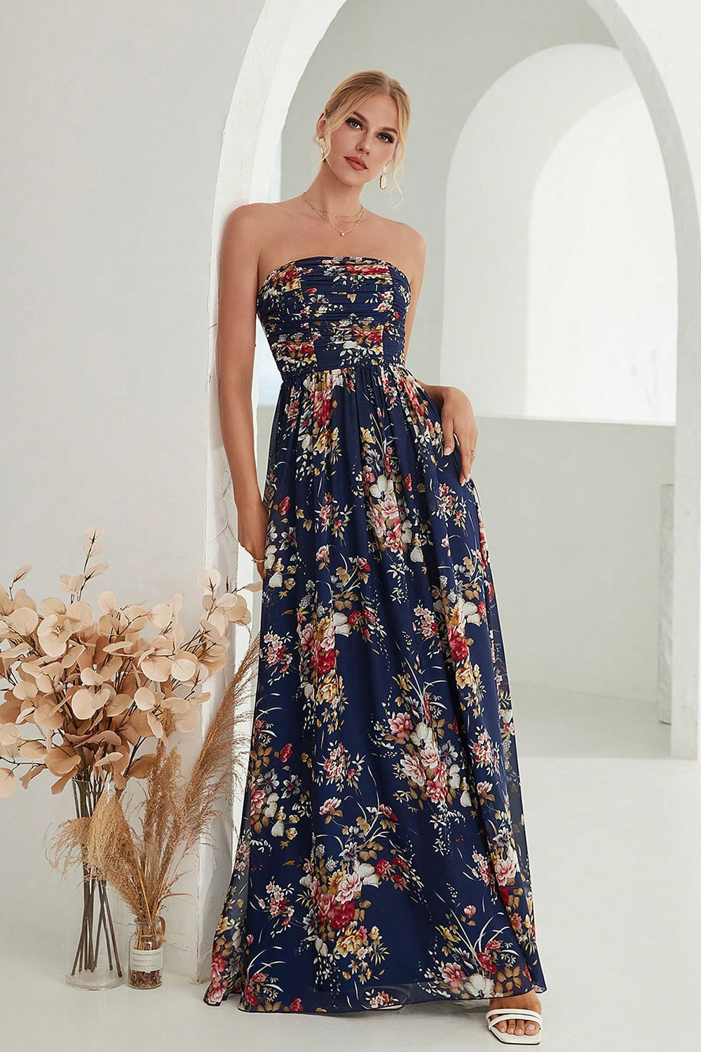 Bedrukte Bloemen Navy Strapless A-lijn lange formele jurk
