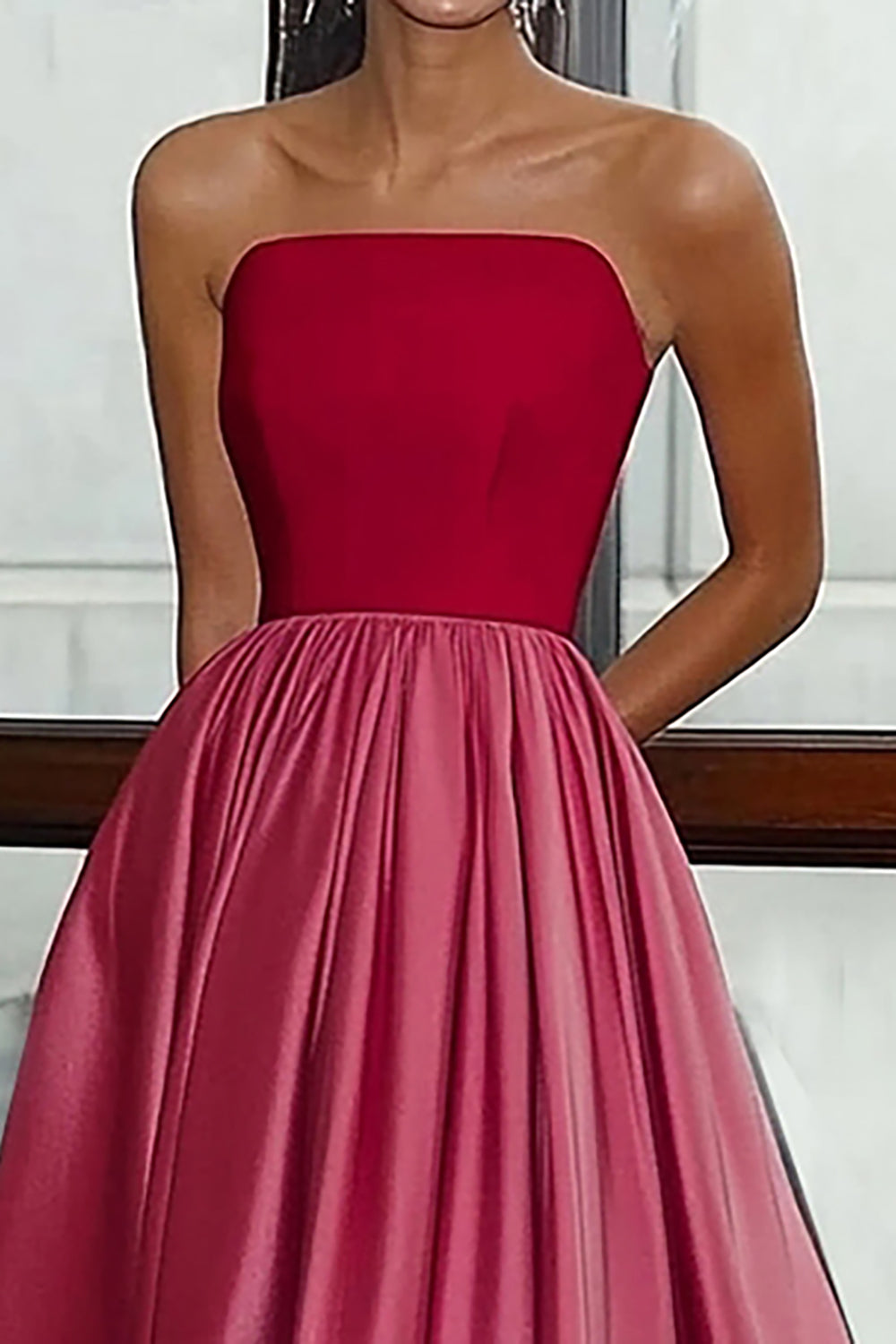A Line Rechte Strapless Satijn Rood & Roze Lange Gala Bal Jurk