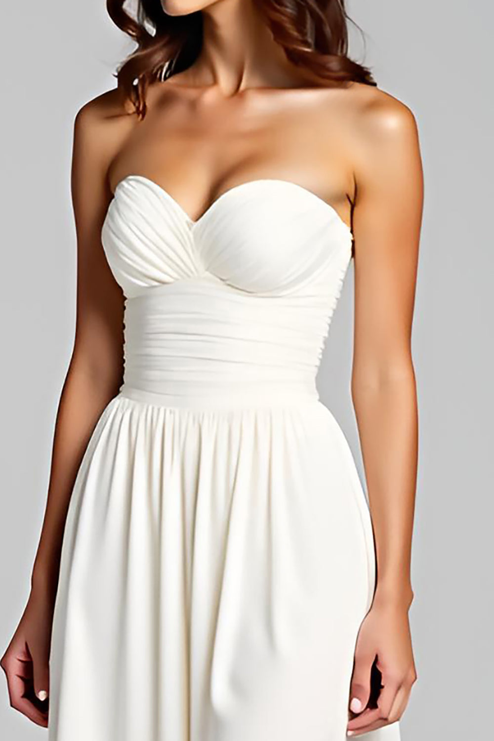 Schede Witte strapless lange formele jurk met ruches