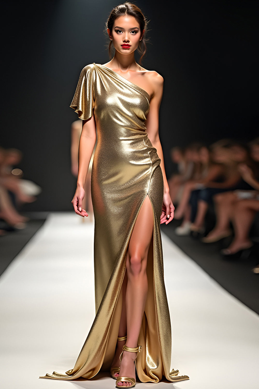 Gouden schede One Shoulder Flutter Sleeve Galajurk met split