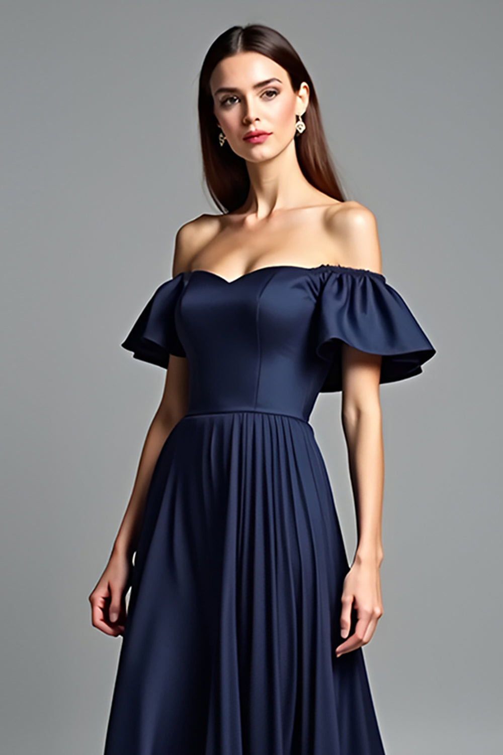 Off the shoulder marineblauwe ruches A Line formele jurk