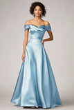 Sky Blue Off The Shoulder A Line Satijnen Formele Jurk
