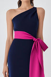 One Shoulder Navy Fuchsia Sheath Formele Jurk met Riem