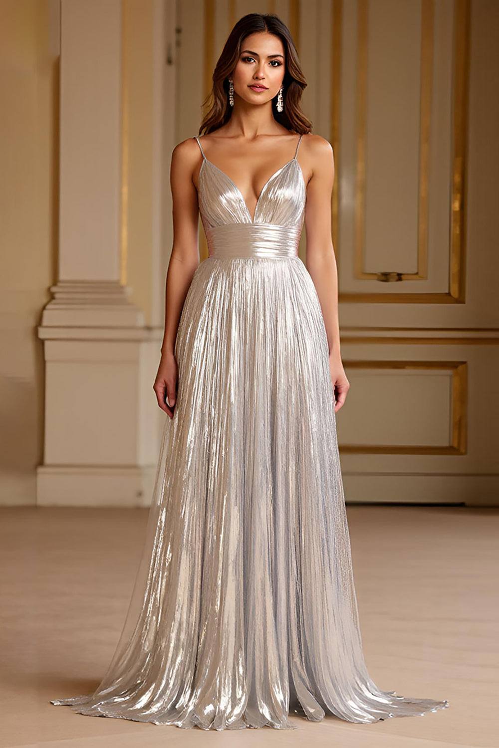 Glitter Zilveren Spaghettibandjes Een Lijn Lange Formele Jurk