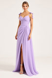 Lila gerimpelde chiffon A Line lange bruidsmeisjesjurk met split