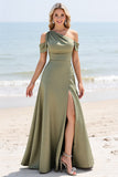 Olijf A Line Cold Shoulder Geplooide Lange Bruidsmeisjesjurk