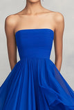 Gegolfde A Line Chiffon Royal Blue strapless geplooide formele jurk