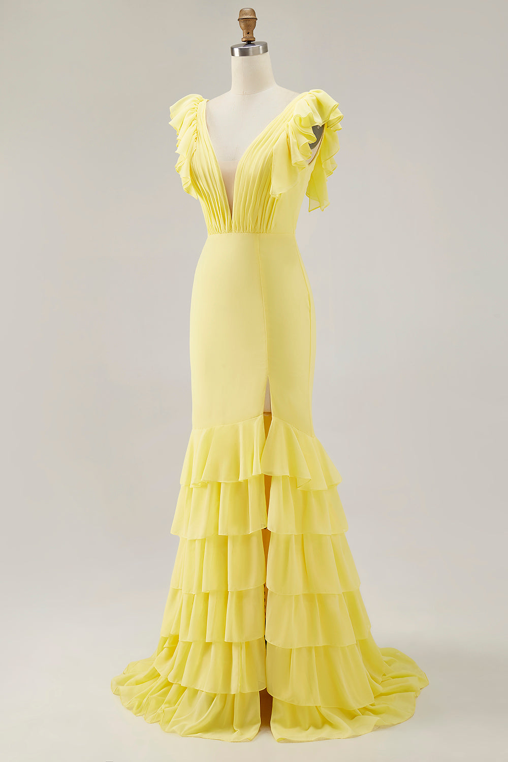 Gele V-hals zeemeermin ruches formele jurk met split