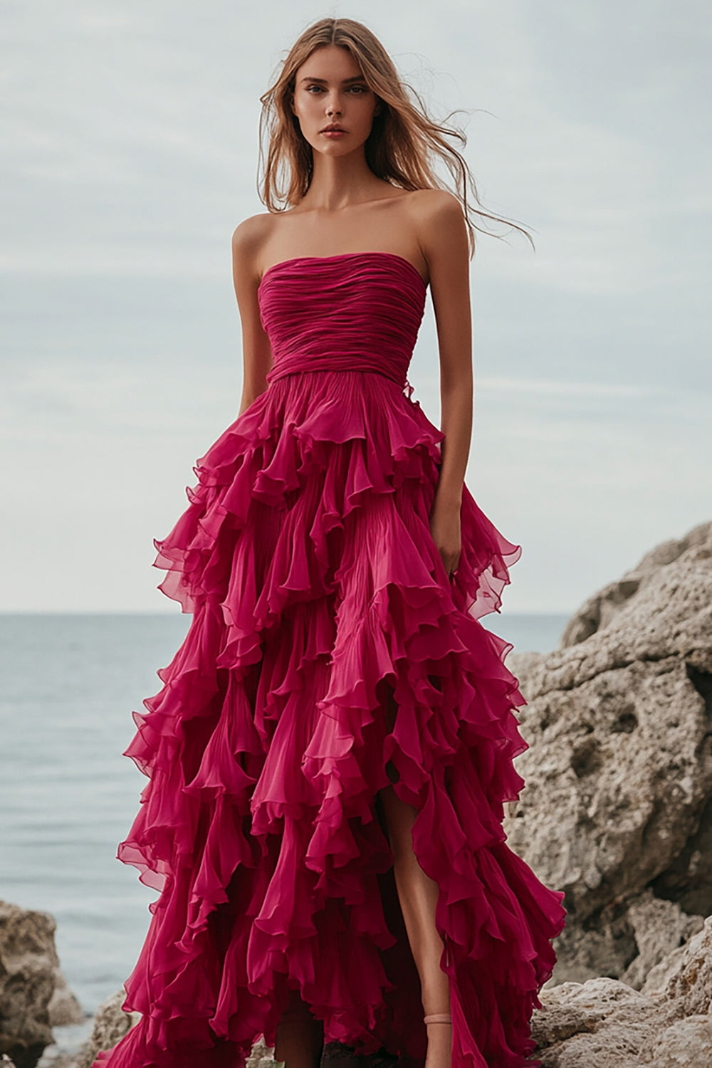 Fuchsia Ruffle A Line Strapless Lange Formele Jurk met Split