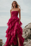 Fuchsia Ruffle A Line Strapless Lange Formele Jurk met Split