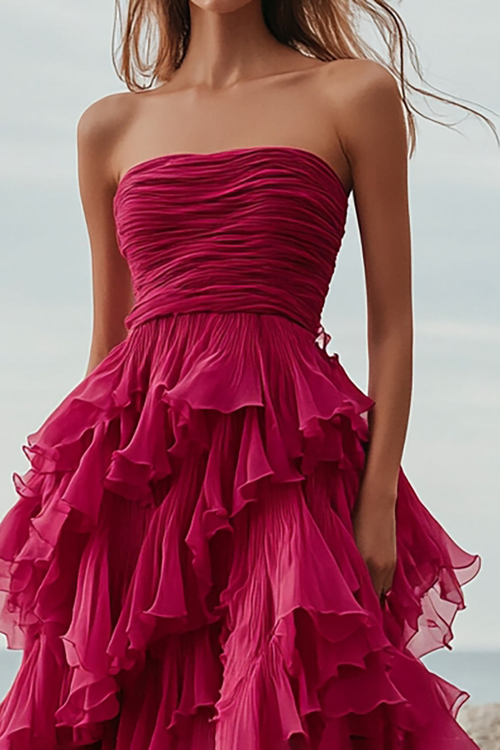 Fuchsia Ruffle A Line Strapless Lange Formele Jurk met Split