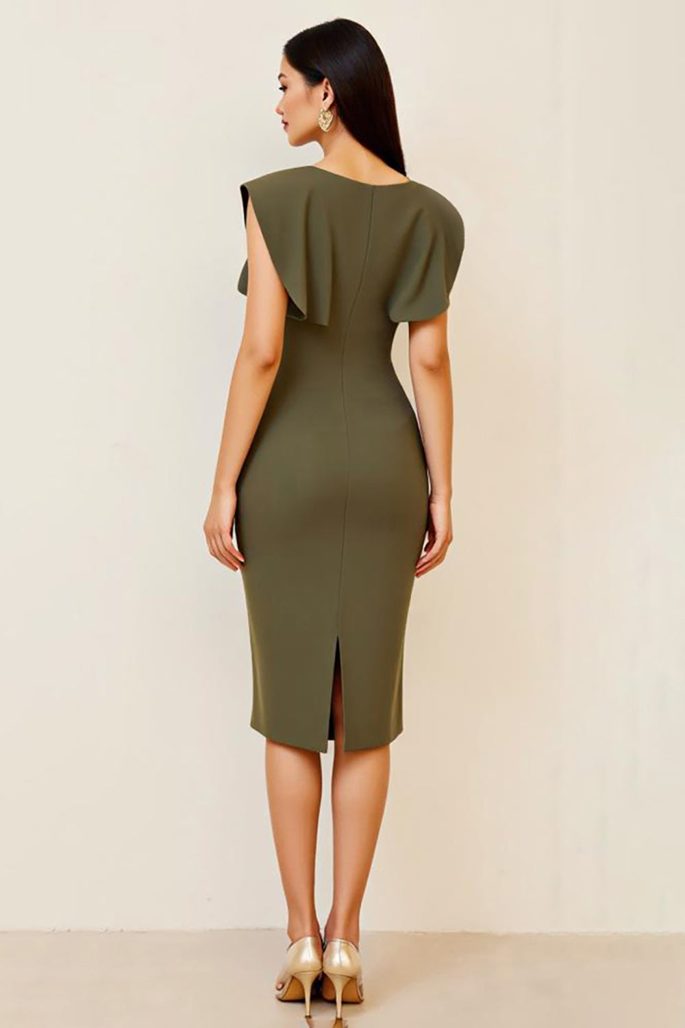 Olijfkleurige bodycon midi-jurk met v-hals met ruches