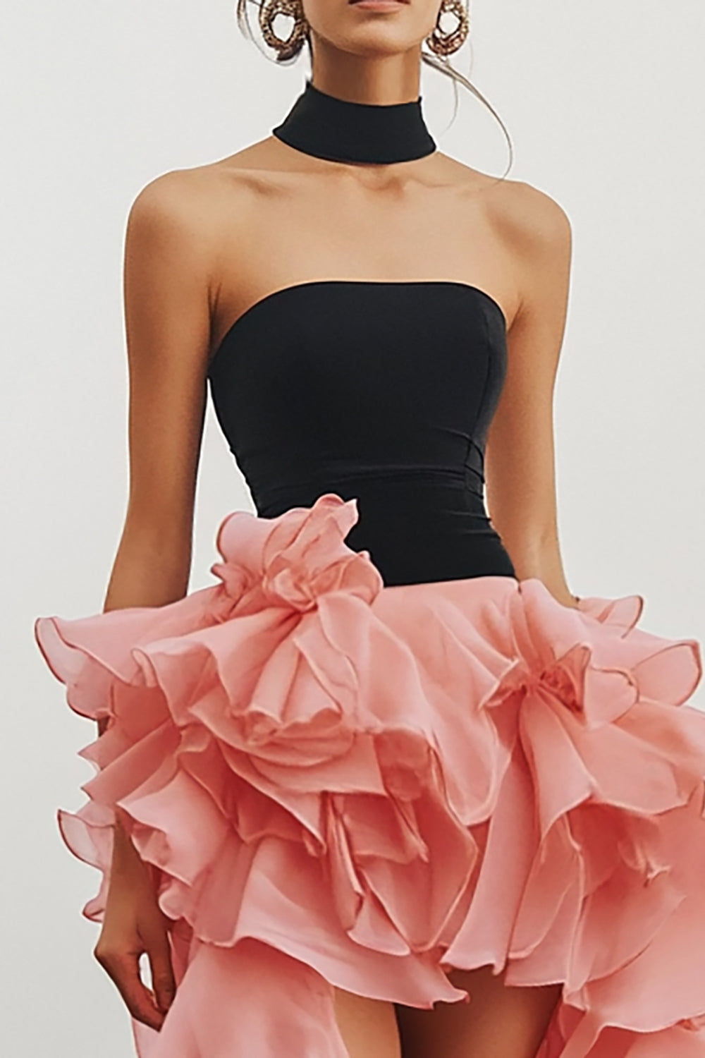 Zwart Roze Strapless High-Low Lange Formele Jurk met Ruches