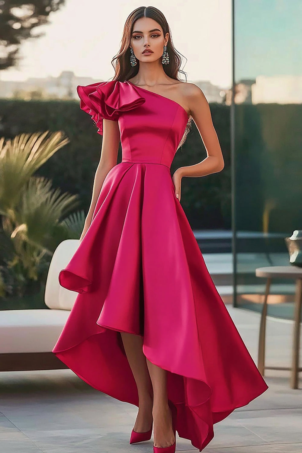 Fuchsia One Shoulder High-Low Satijn A-lijn formele jurk