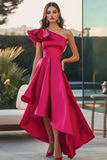 Fuchsia One Shoulder High-Low Satijn A-lijn formele jurk
