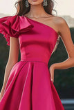 Fuchsia One Shoulder High-Low Satijn A-lijn formele jurk