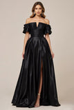 Zwarte satijnen off-shoulder A Line galajurk met split