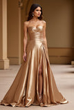 Gouden strapless A-lijn metallic satijnen galajurk