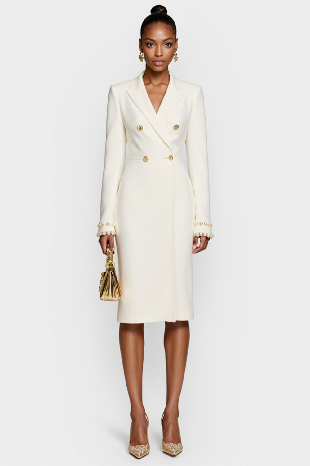 Witte Double Breasted Peak Lapel Bodycon Midi Werkjurk