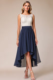 Chiffon High-Low A Line Lace Navy Bruiloft Gast Jurk