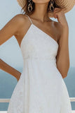 A Line One Shoulder Lace Witte Afstuderen Jurk