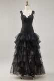 Zwarte organza A-lijn high-low formele jurk met ruches