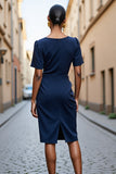 Navy Bodycon Midi werkjurk met vierkante hals en korte mouwen