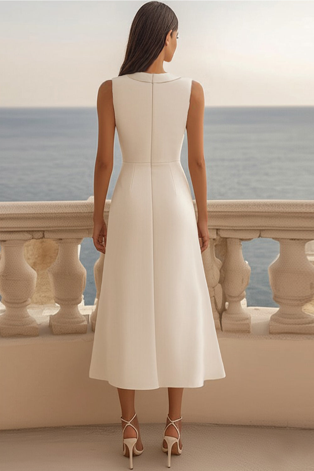 Ivoorkleurige satijnen sjaal revers midi werkjurk met split