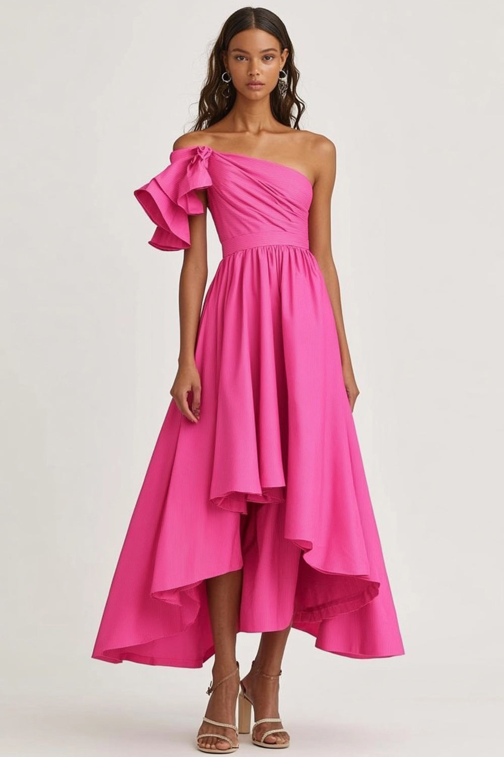 Fuchsia A Line One Shoulder High-Low formele jurk met ruches