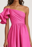 Fuchsia A Line One Shoulder High-Low formele jurk met ruches
