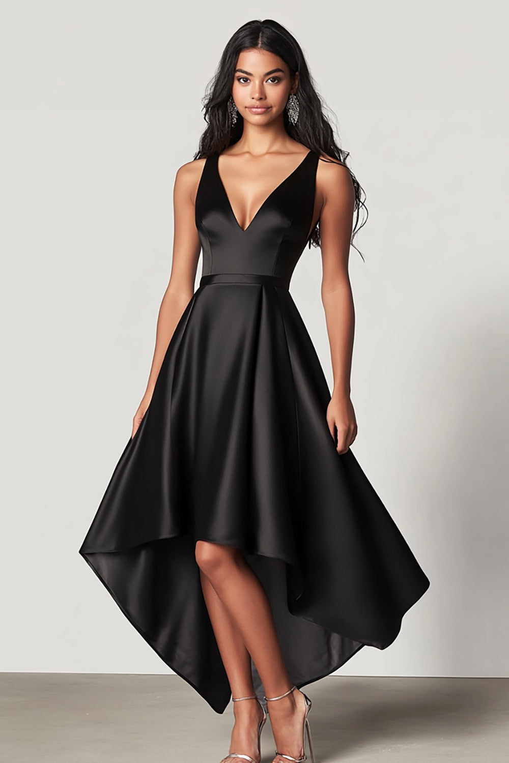 Satijnen A-lijn V-hals High-Low Black Tie Jurk