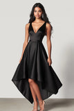 Satijnen A-lijn V-hals High-Low Black Tie Jurk